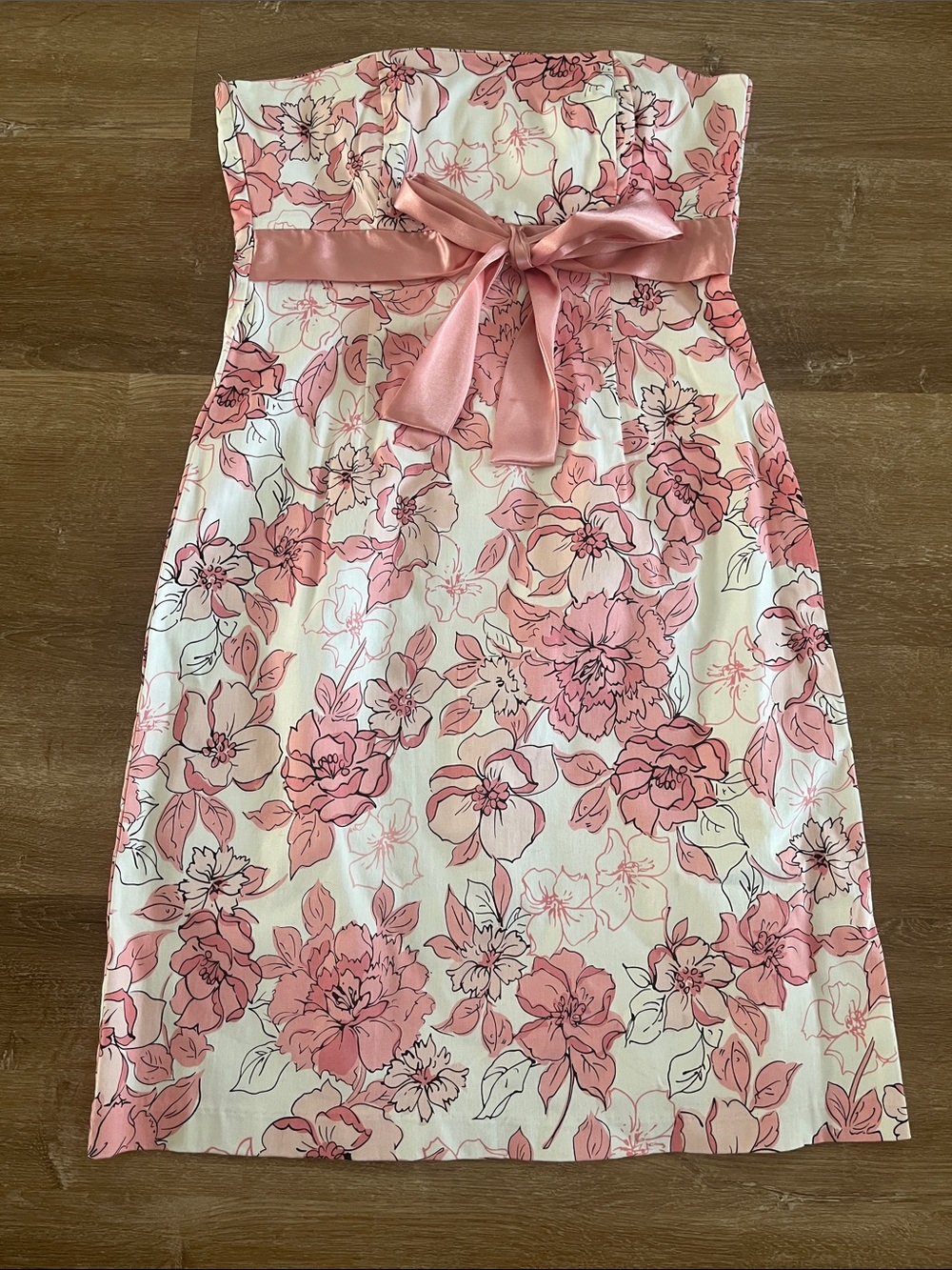 Pink Floral Strapless Dress with Satin Waist Tie